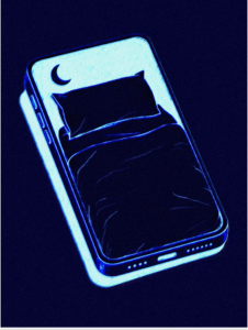 Angle view of a smartphone displaying an image of a bed on the screen against a deep blue background.